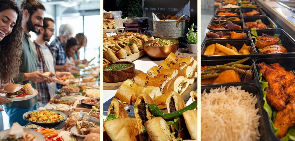 פתרונות הסעדה_3 פריימים_מגשיות עם אוכל מוכן, שולחן מושקע עם לחמים ובשרים לארועי חברה, קייטרינג במשרד עם סועדים העומדים על יד השולחן ובוחרים מה לאכול