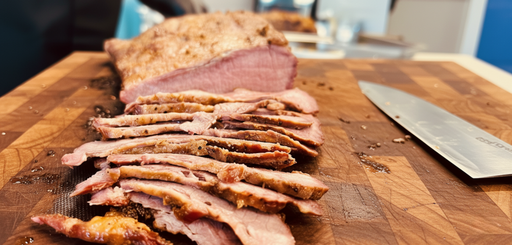 בשר עסיסי פרוס על גבי בוצ׳ר מעץ ולצידו סכין