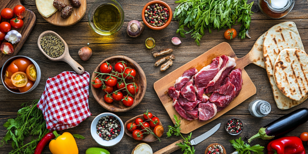 שולחן עץ עליו פרושים ירקות טריים צבעוניים ונתחי בשר איכותיים לפני הבישול, בצילום עילי חמים ואותנטי שמדגיש טריות, איכות ואהבה לאוכל.