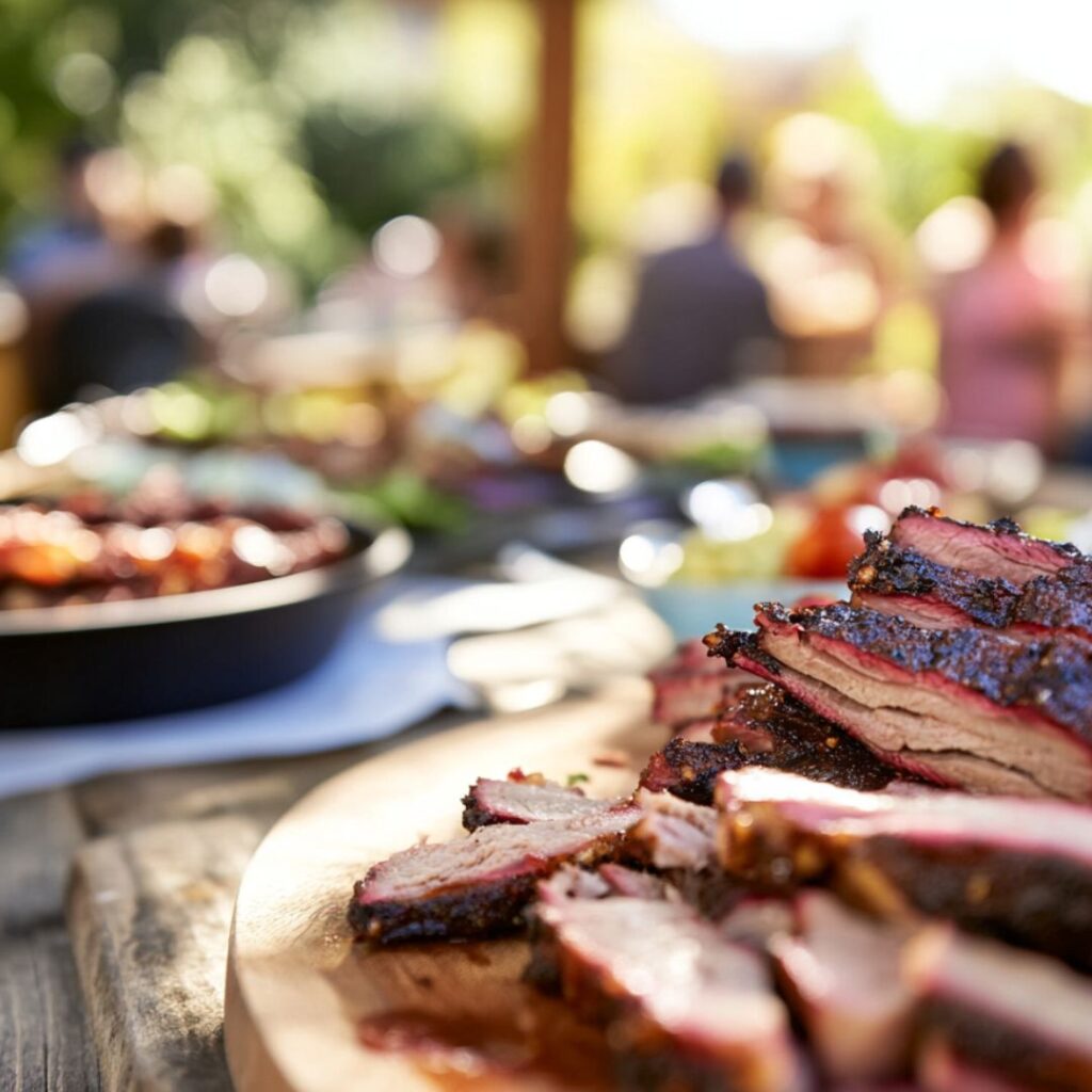 בשר עסיסי על שולחן וברקע ארוע המתקיים בחוץ