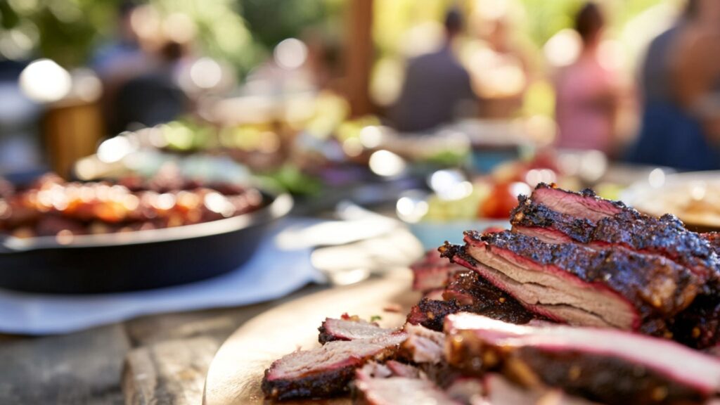 חגיגת בשרים בחצר - שולחן מלא בבשרים וברקע אווירת חוץ