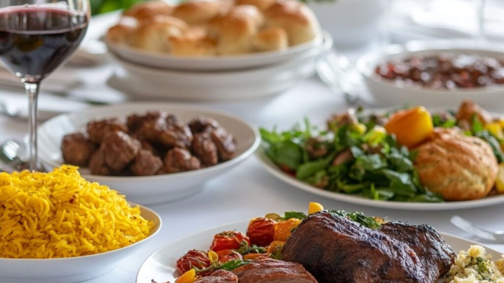 שולחן שבת, אוכל מזמין, סלטים, בשרים בבישול ארוך