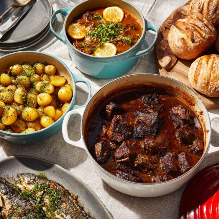 שולחן שישי עם מטעמים, תבשיל בשרי, דגים, תפוחי אדמה