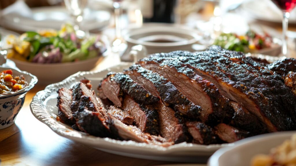 בשר מעושן פרוס ועסיסי על צלחת אובלית במרכז שולחן שבת