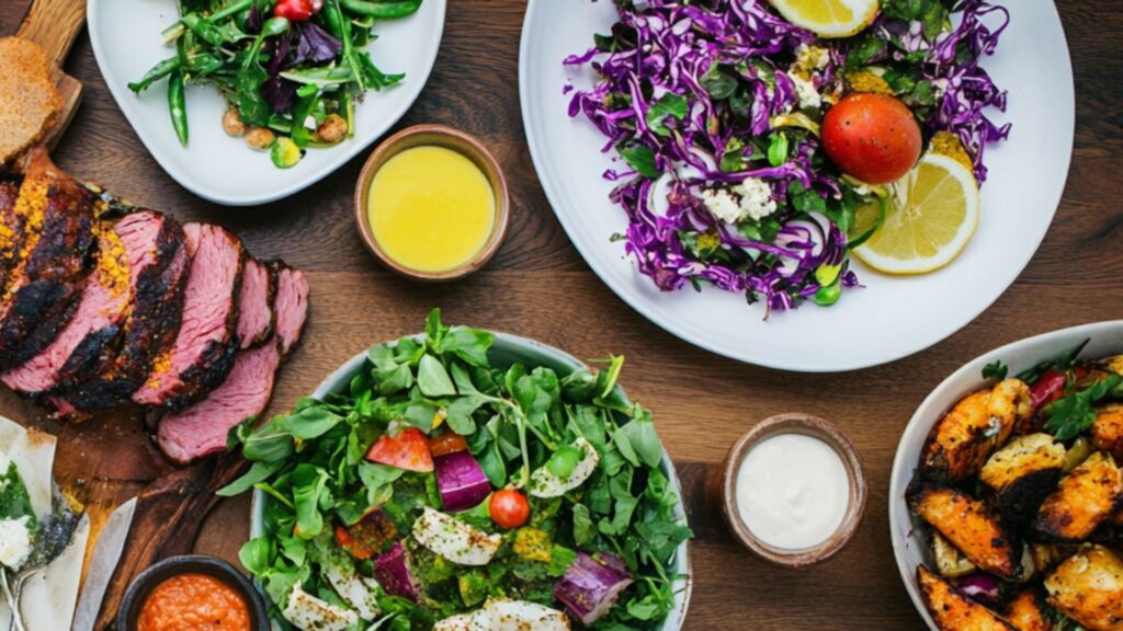 שולחן אוכל ערוך במבט על, הכולל מבחר סלטים, בצילום צבעוני ומזמין.