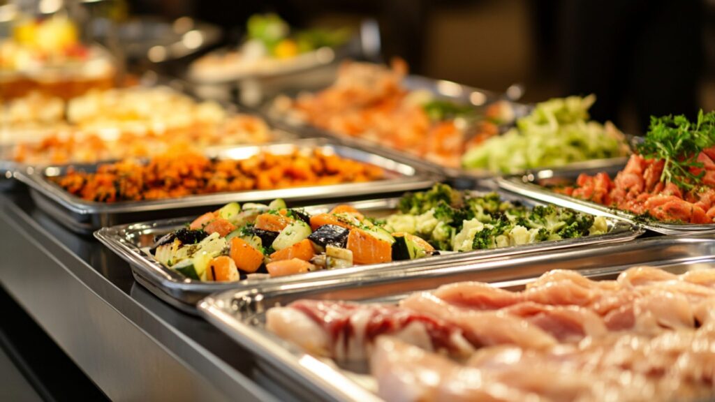 בופה מסודר לאירועים עסקיים, עם מגשים של בשרים מעושנים, דגים, סלטים ותוספות, בעיצוב נקי ומקצועי.