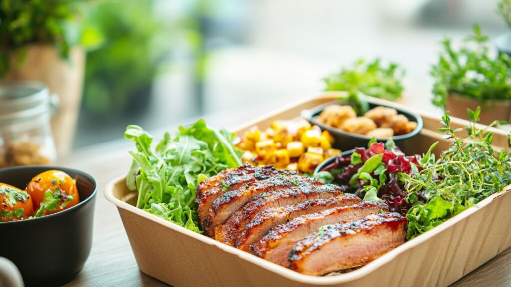 ארוחת צהריים מסודרת בקופסת טייק־אווי איכותית, עם בשר מעושן, סלט טרי ותוספת חמה, על רקע משרד מטושטש.