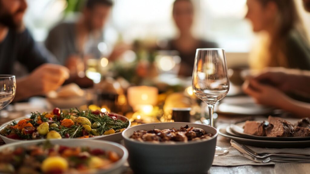 שולחן משפחתי עם מגוון מנות חמות וטריות, באווירה ביתית חמה ונעימה, כשהפנים מחוץ לפוקוס או מטושטשות.