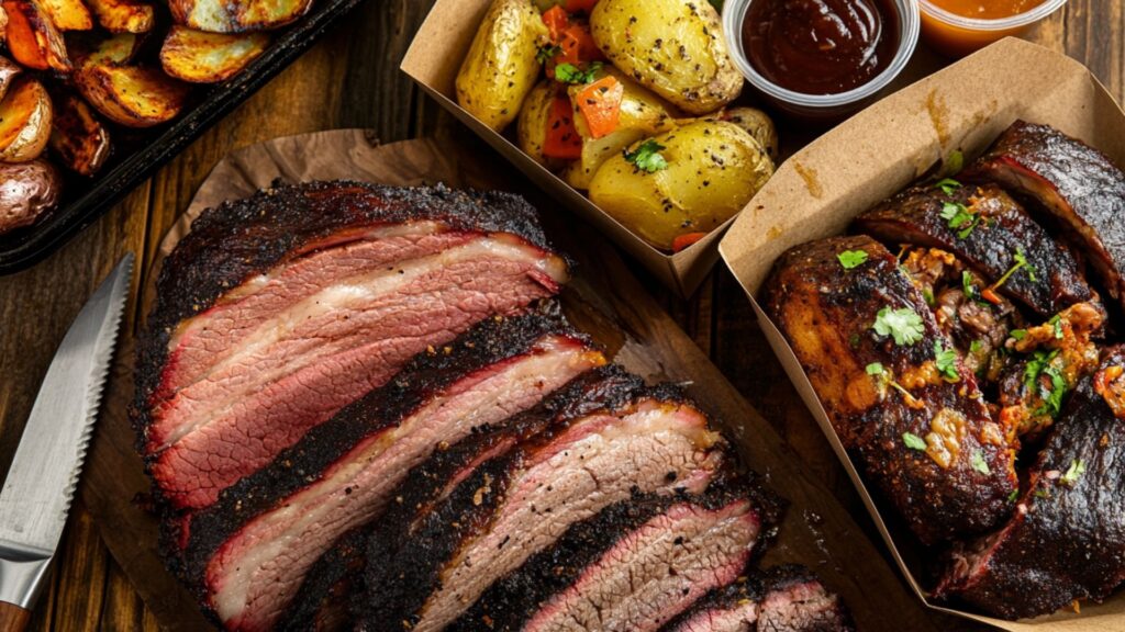 בשר אסאדו מעושן ותוספות - תפוחי אדמה, רטבים באריזת take away