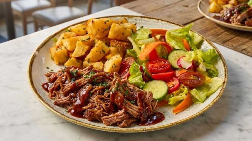מנת בשר מפורק (Pulled Beef) עסיסי ברוטב, מוגשת לצד תפוחי אדמה אפויים זהובים וסלט ירקות טרי ורענן על שולחן במסעדה